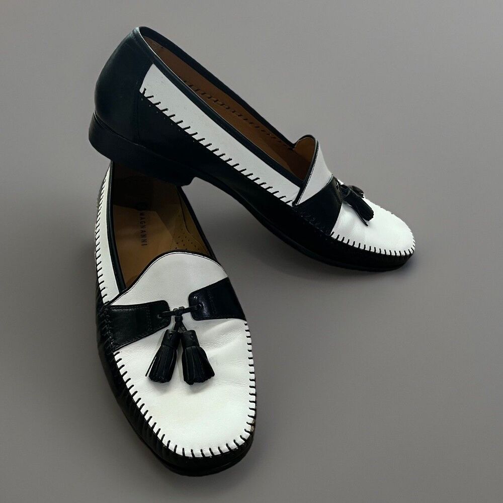 Magnanni Men Sz 10.5 Black & White Spectator Loafers Tassel Whipstitch Spain